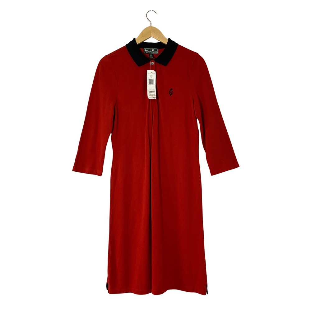 NWT Lauren Active Ralph Lauren Red Polo Dress 3/4 Sleeve Cotton Pique Large NEW